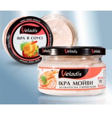 Caviar de capelán en salsa, delicia con gambas